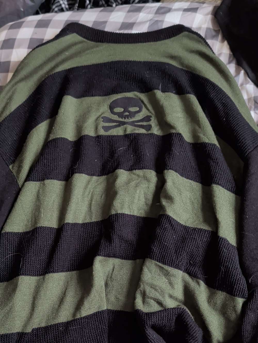 Hot Topic Olive Green & Black Striped Crewneck Sweater with Skull Graphic